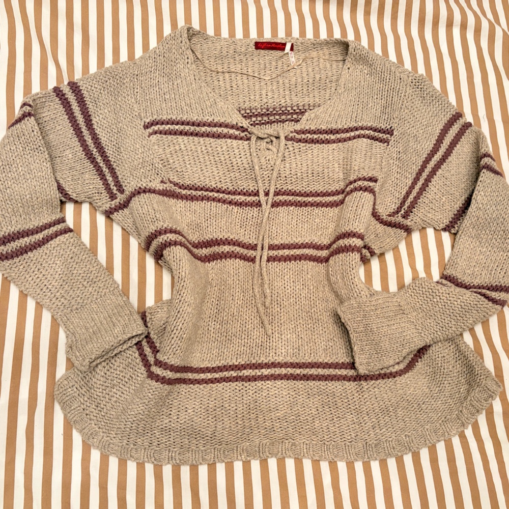 🤎 Anthropologie Left on Houston Lace-Up Tan + Purple Striped Sweater Cottagecore